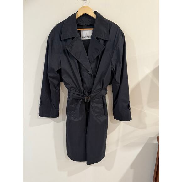 London Fog Belted Button Front Trench Coat Jacket Black Women's Size 14 Regular - Picture 1 of 11